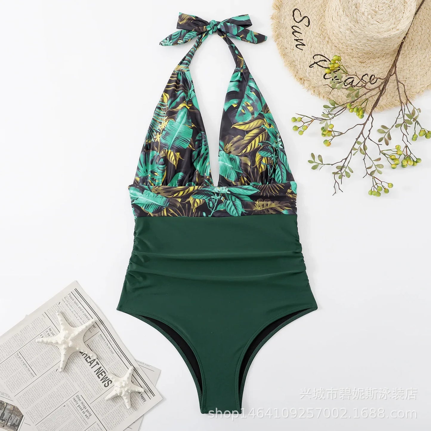 Floral Deep V-neck Halter One-Piece Swimsuit