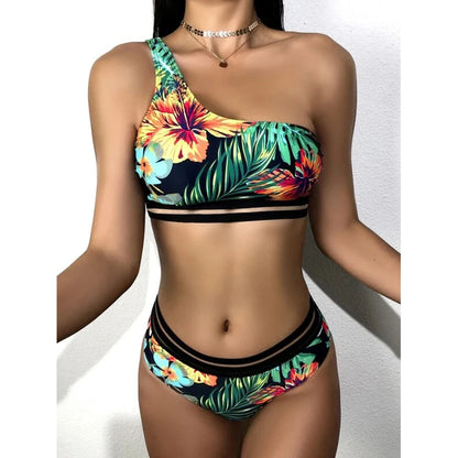 Elegant Green Floral High Waist Bikini