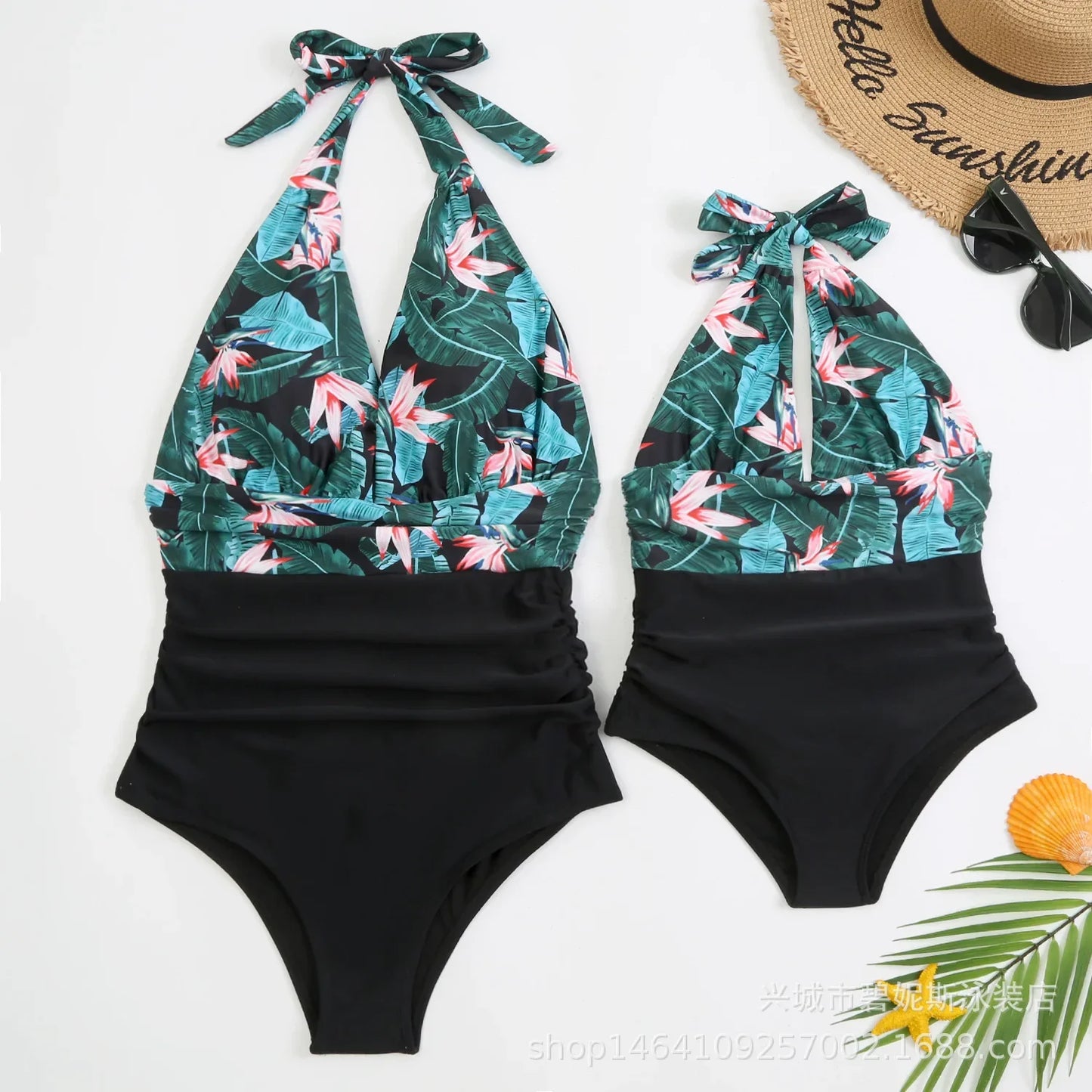 Floral Deep V-neck Halter One-Piece Swimsuit