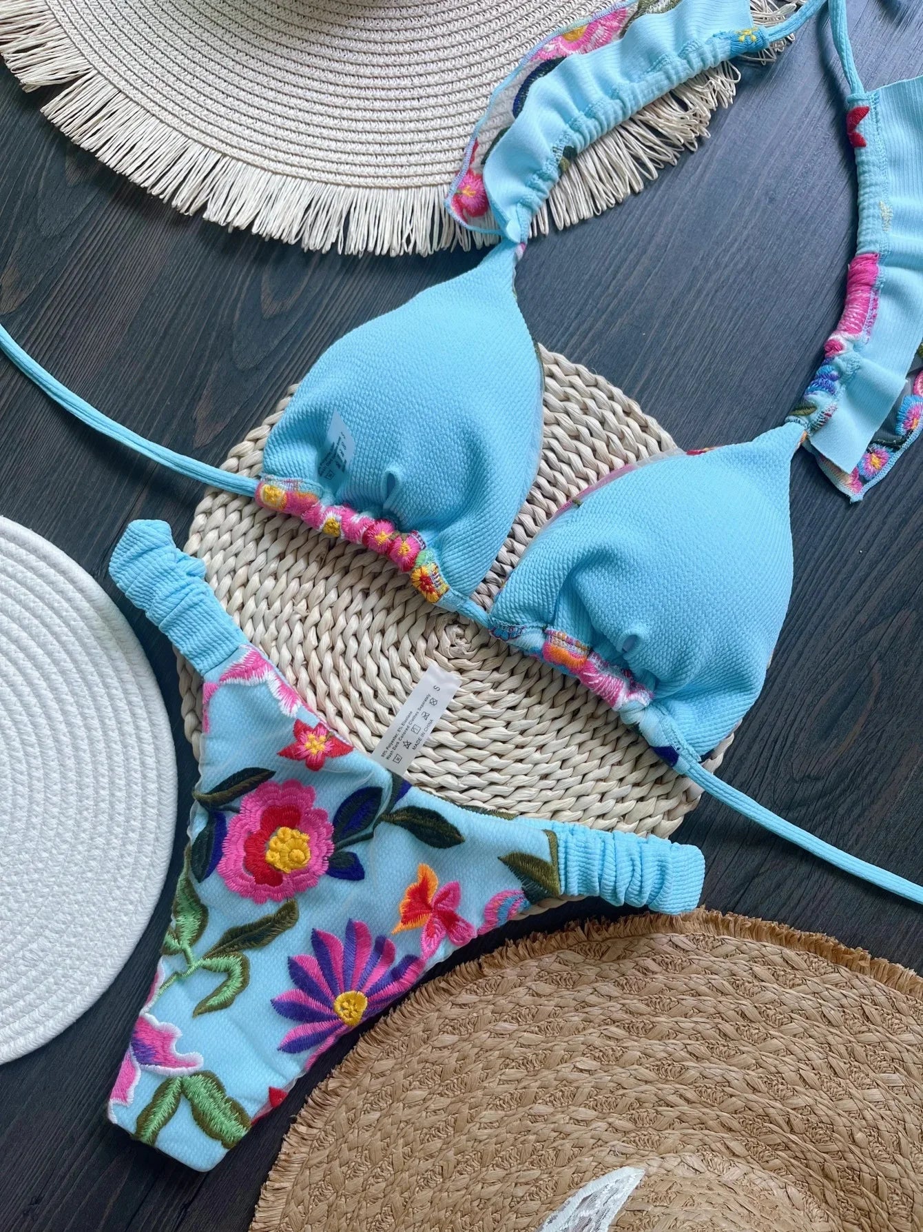 Green Floral Push Up Mid-Waist Bikini Set