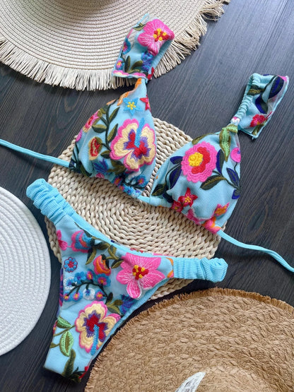 Green Floral Push Up Mid-Waist Bikini Set