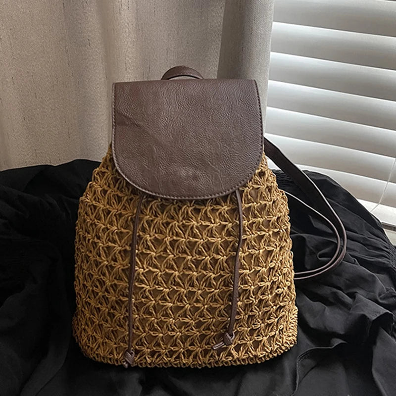 Summer Straw Drawstring Backpack