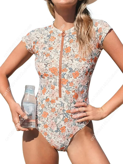Ditsy Zipper Short Sleeve One-Piece Swimsuit