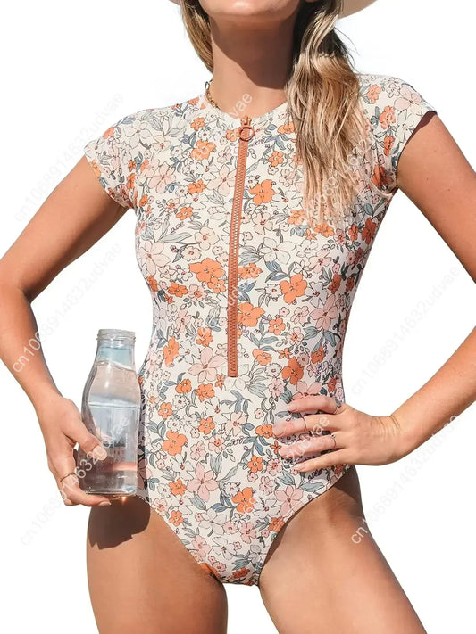 Ditsy Zipper Short Sleeve One-Piece Swimsuit