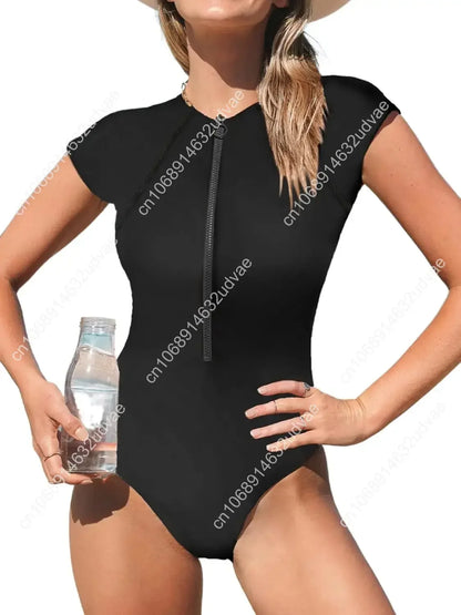 Ditsy Zipper Short Sleeve One-Piece Swimsuit