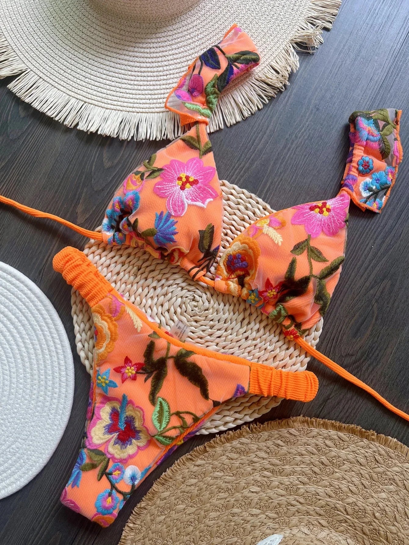 Green Floral Push Up Mid-Waist Bikini Set