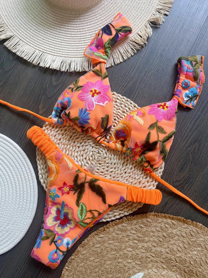 Green Floral Push Up Mid-Waist Bikini Set