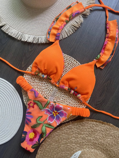 Green Floral Push Up Mid-Waist Bikini Set