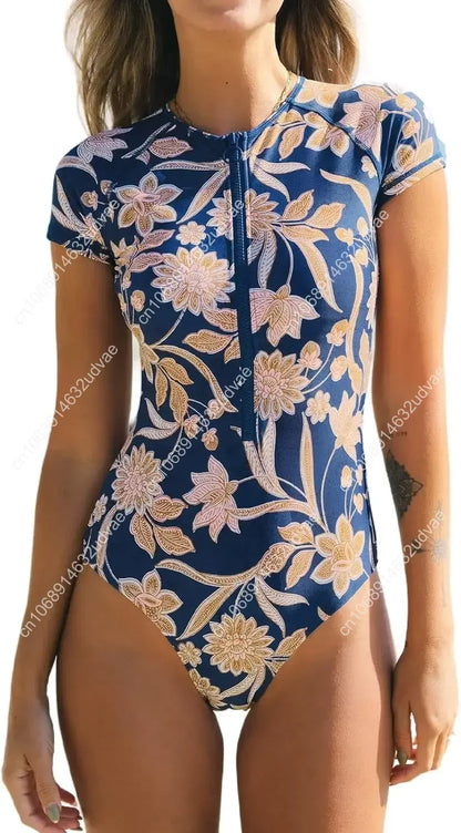 Ditsy Zipper Short Sleeve One-Piece Swimsuit