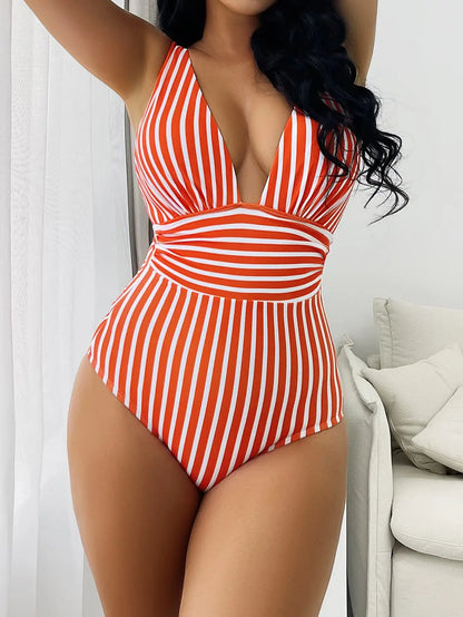 Vintage Striped V-Neck One Piece Swimsuit