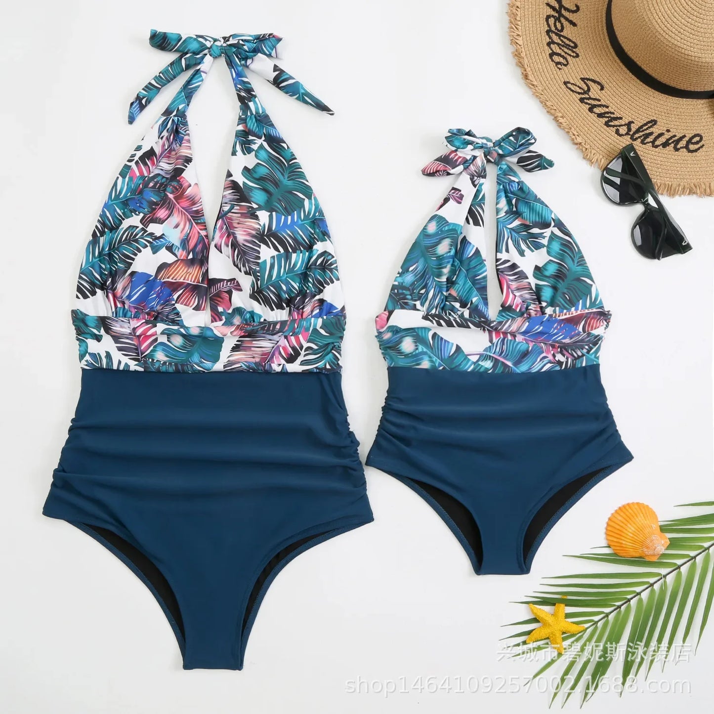 Floral Deep V-neck Halter One-Piece Swimsuit