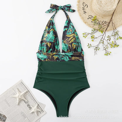 Floral Deep V-neck Halter One-Piece Swimsuit