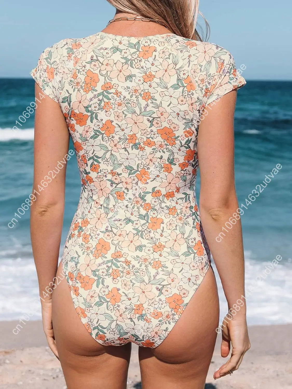 Ditsy Zipper Short Sleeve One-Piece Swimsuit