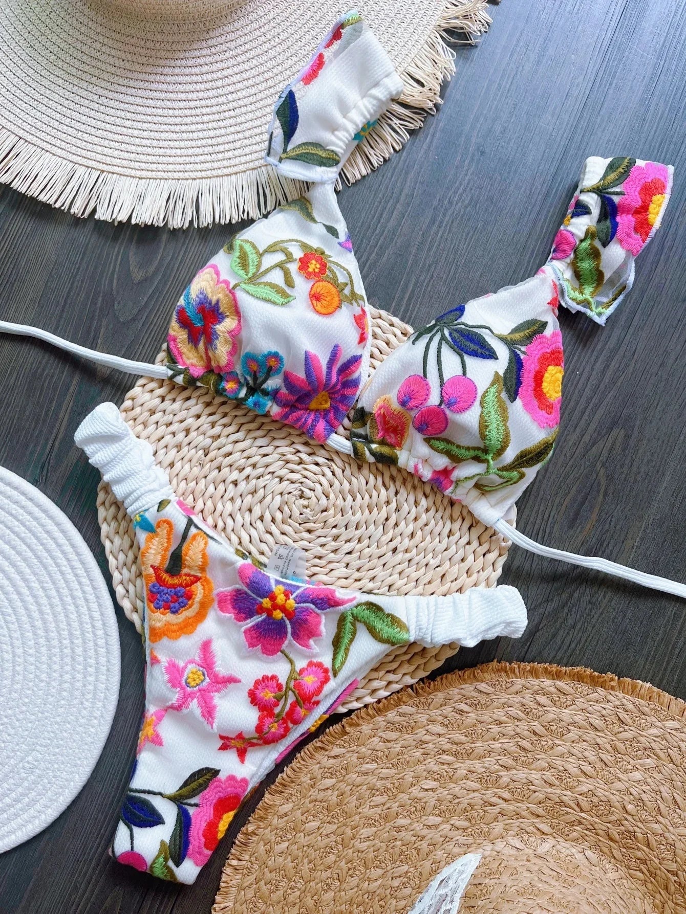 Green Floral Push Up Mid-Waist Bikini Set
