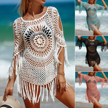 White Crochet Bikini Cover Up with Fringe Trim