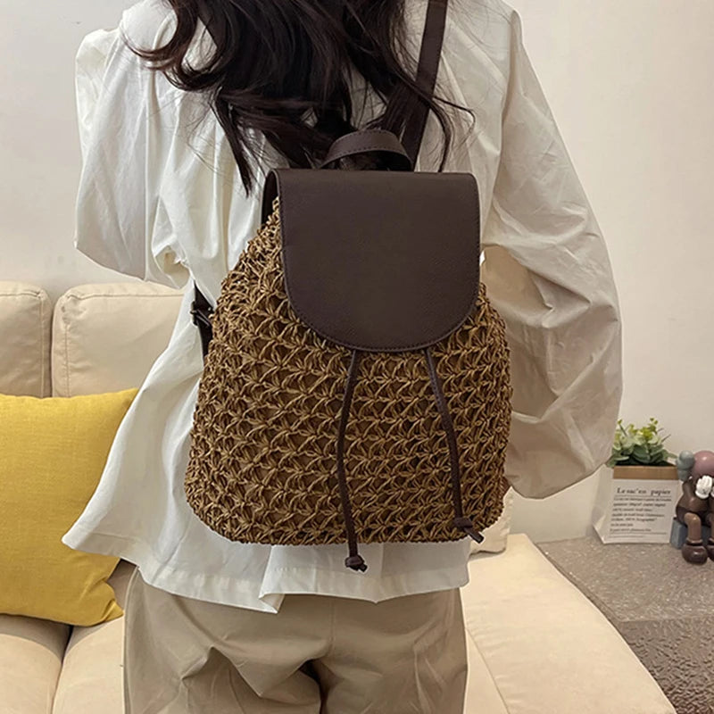 Summer Straw Drawstring Backpack