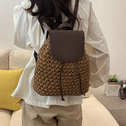 Summer Straw Drawstring Backpack