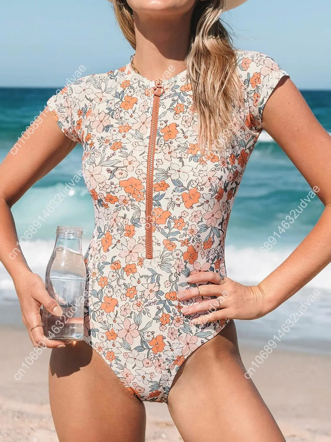 Ditsy Zipper Short Sleeve One-Piece Swimsuit