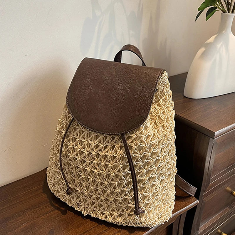 Summer Straw Drawstring Backpack