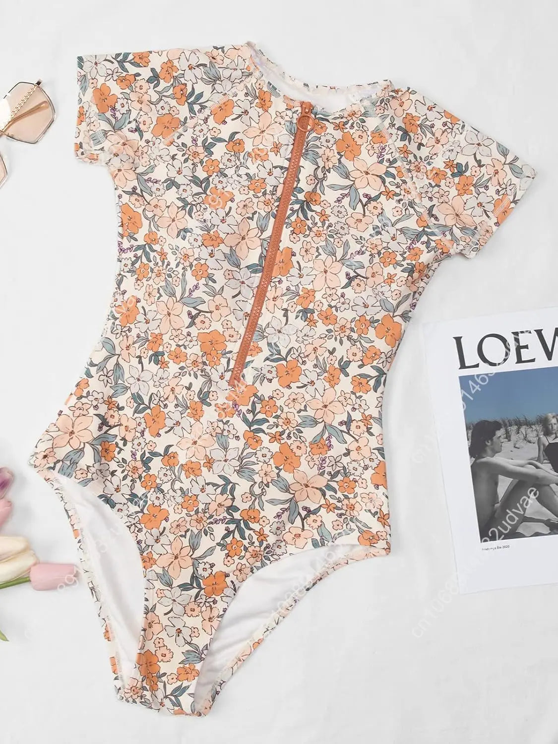 Ditsy Zipper Short Sleeve One-Piece Swimsuit