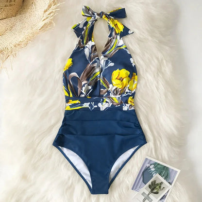 Floral Deep V-neck Halter One-Piece Swimsuit