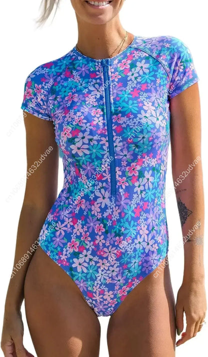 Ditsy Zipper Short Sleeve One-Piece Swimsuit
