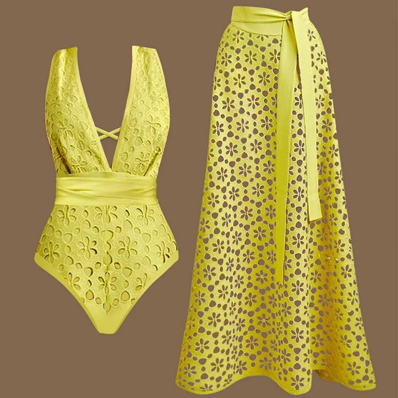 Deep V Floral Laser Cut Swimwear