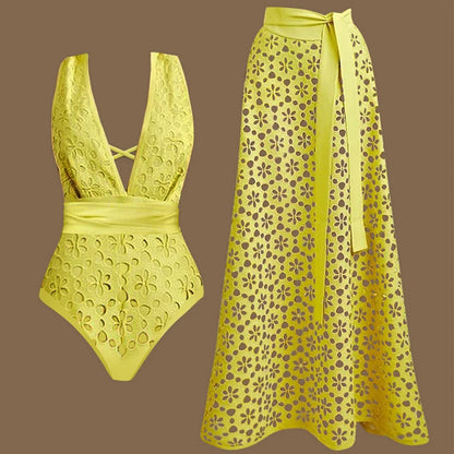 Deep V Floral Laser Cut Swimwear