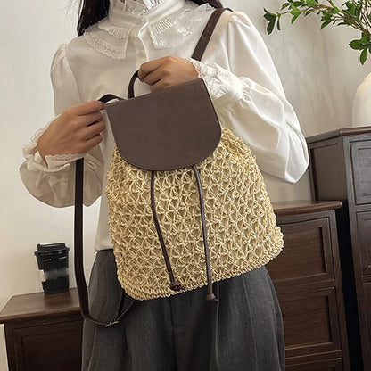 Summer Straw Drawstring Backpack